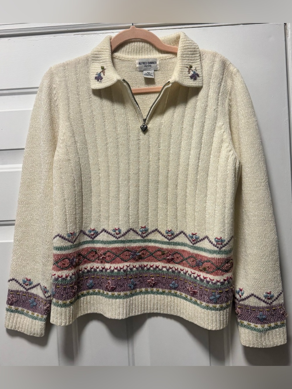 Vintage Alfred Dunner Embroidered Quarter-Zip Sweater Heart Pull Y2K